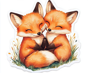 Wall Mural - fox animals cute wildlife illustration cartoon couple orange adorable nature art loving hugging character playful design artwork happy furry sweet baby 