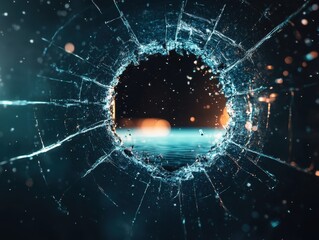 Wall Mural - Abstract Image of a Broken Glass Hole with Bokeh Lights in the Background Creating a Futuristic and Mysterious Atmosphere