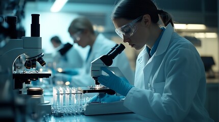 Fototapete - Team scientists conducting research investigations in a medical laboratory a researcher in the foreground is using a microscope in laboratory for medicine : Generative AI
