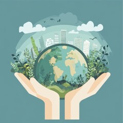 two hands hold a globe with cityscape and greenery, symbolizing environmental protection.