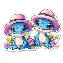 Wall Mural - frog cartoon cute animal illustration blue nature flowers summer hat kawaii character friendship tropical sticker playful vibrant exotic art design duo pets wildlife fun couple 