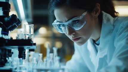 Fototapete - Scientist analyze biochemical samples in advanced scientific laboratory Medical professional use microscope look microbiological developmental of viral Biotechnology research in scienc : Generative AI