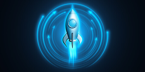 Wall Mural - neon blue rocket launching with circular arrows on dark background. 3d rendering