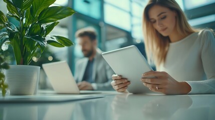 Leinwandbilder - Tablet meeting and partnership with business people working in an office as a team for research Technology planning or teamwork with a man and woman employee reading information in the : Generative AI