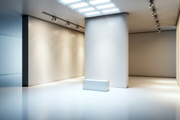 Wall Mural - Empty modern art gallery interior with blank walls and white bench. 3D Rendering