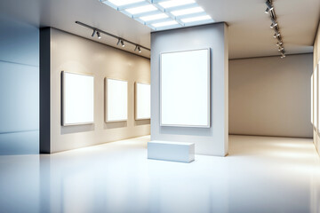 Canvas Print - Modern gallery interior with blank frames for artwork display. 3D Rendering