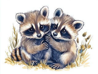 raccoons animals wildlife cute fur playful nature cartoon illustration couple friendship forest char