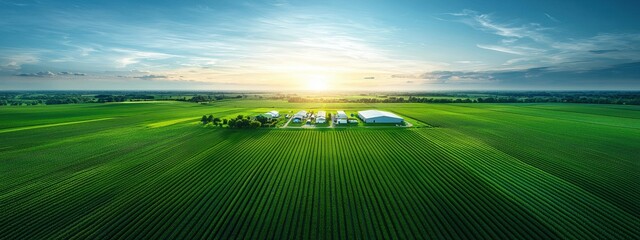 Aerial shot of a distribution warehouse surrounded by farmland