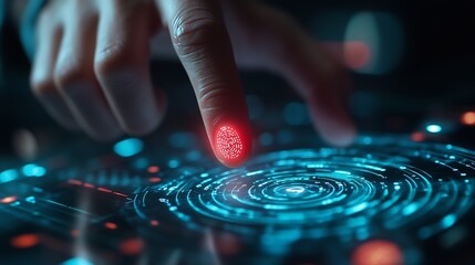 Leinwandbilder - Businessman using fingerprint scanning to unlock and access business information network Biometric identity and cyber security concept protecting business transactions from online digi : Generative AI
