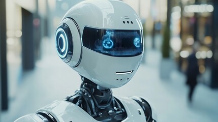 Aufkleber - AI robotic Artificial Intelligence businessman using AI chatbot for conversation with human Futuristic technology and digital communication concept : Generative AI