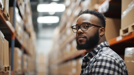 Poster - African American person working to shipping box package by order in logistic warehouse black male work in delivery distribution job service in storage factory man checking good of indu : Generative AI
