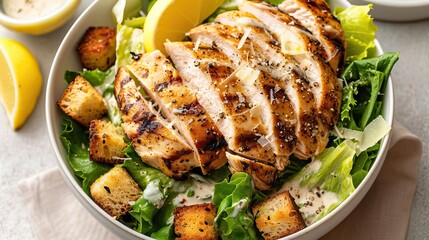 Canvas Print - Grilled chicken salad with mixed greens and lemon wedge