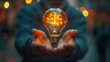 © The Little Hut - Hand man holding illuminated lightbulb idea innovation and inspiration with glowing virtual brain smart intelligent creativity with bulbs Motivation and innovation concept : Generative AI