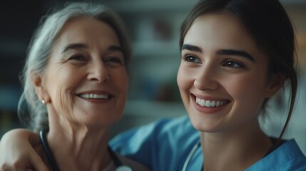 Poster - Happy care and face of a doctor with a woman for medical trust healthcare and help Laughing hug and portrait of a young nurse with a senior patient and love during a consultation at a  : Generative AI