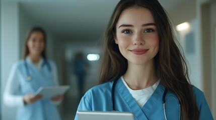 Reading woman and tablet in office doctor and medical diagnosis online healthcare and hospital Clinic stethoscope and employee with uniform medicine and smile for notes typing and sche : Generative AI