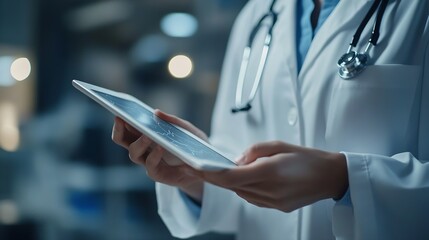 Poster - Clinic tablet and hands of doctor with patient for consulting medical service and help in hospital Healthcare telehealth and people on digital tech for diagnosis online results and ins : Generative AI