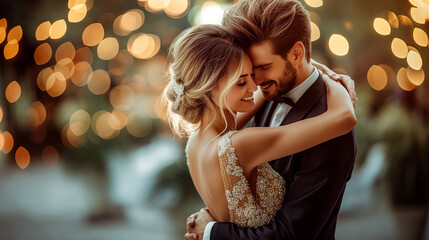 Bride and groom embracing during romantic first dance with glowing lights