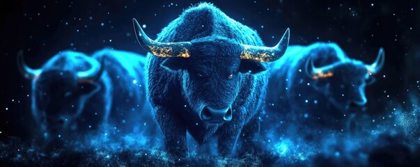 A mystical scene featuring glowing bulls emerging from a starry background, symbolizing strength and power in a surreal atmosphere.