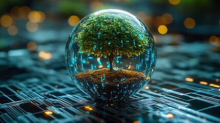 Leinwandbilder - Tree growing on Circuit digital ball Digital and Technology Convergence Blue light and Wireframe network background Green Computing Green Technology Green IT csr and IT ethics Concept : Generative AI