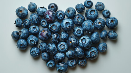 heart-shaped arrangement of fresh blueberries with two green leaves on a light background, vibrant b