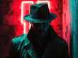 © TPS Studio - Mysterious Man in Fedora Hat and Trench Coat Standing in Neon Red Light