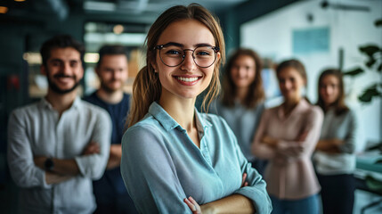 Wall Mural - Young businesswoman is smiling with her arms crossed in an office with her colleagues standing behind her