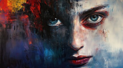 Wall Mural - Abstract Artistic Portrait of a Woman with Intense Blue Eyes and Vibrant Colors in Oil Painting Style