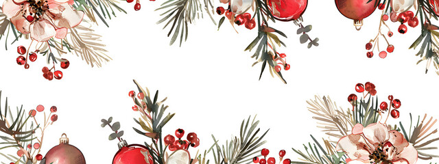 Watercolor floral winter pattern with Christmas balls, spruce branches and berries. Christmas greeting card. Holiday greeting concept.