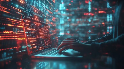 Aufkleber - Digital technology data engineering cloud computing concept Computer programmer working on laptop with big data processing and computer code futuristic technology background software d : Generative AI