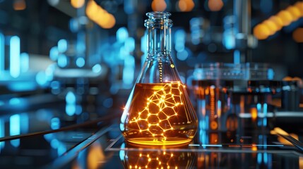 A glowing erlenmeyer flask containing a molecular structure sits on a lab bench with a blurred science laboratory background. Concept of scientific research, chemistry, and innovation.