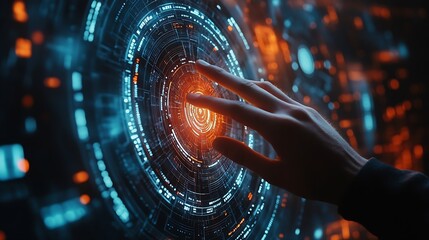 Aufkleber - Hand touching abstract network circle technology structure Innovation networking future worldwide global concept : Generative AI