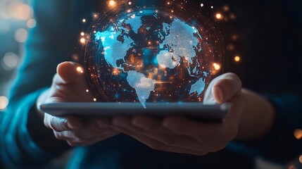Poster - Global internet network connection global business internet of thing concept Business man using digital tablet social networking digital marketing internet technology futuristic tech b : Generative AI