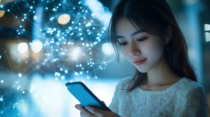 Poster - Wireless communication network concept Mobile technologyYoung asian woman using a smart phone : Generative AI