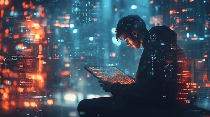 Aufkleber - Digital transformation technology era abstract tech background metaverse Man using digital tablet with future technology IoT internet of things future AI technology smart device social : Generative AI