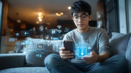 Fototapete - asian man sitting on sofa and using smart home control app on mobile phone with augmented reality view of IOT connected objects in apartment : Generative AI