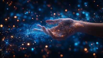 Fototapete - Digital cyber era technology concept Human hand touching interconnected polygons of massive amounts of data glowing on a dark blue background New innovations that are coming to change  : Generative AI