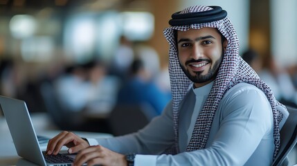 Leinwandbilder - Portrait of young arab businessman inside office man typing on laptop smiling boss happy with results of financial success at workplace : Generative AI