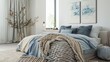 © Lasvu - Modern apartment with natural warm bedroom featuring king-size bed and knit blanket in soft gray and blue palette