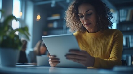 Leinwandbilder - Tablet meeting and partnership with business people working in an office as a team for research Technology planning or teamwork with a man and woman employee reading information in the : Generative AI