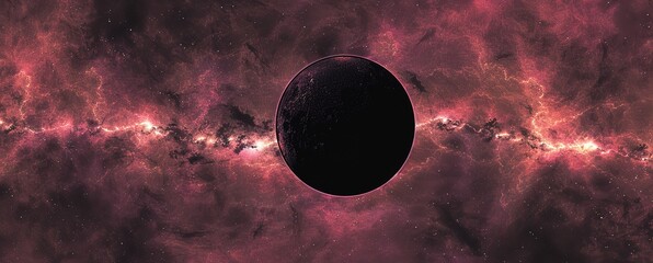 a black planet in the center of a red and pink nebula with clouds and streaks of light. a vast, swir