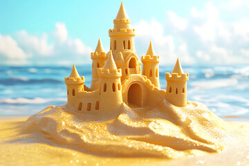 Wall Mural - Sand Castle on the Beach over Sunset Background