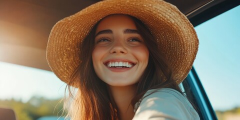 A happy modern woman enjoying a road trip in her car, capturing the freedom of travel and the joy of the open road.