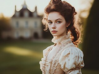 Wall Mural - Elegant Woman in Vintage Victorian Dress Posing Outdoors Near Historic Mansion at Sunset