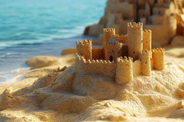 Wall Mural - Sand castle on the beach on the sea and sky background. 3d illustration