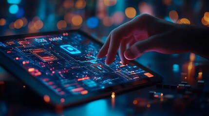 Digital technology software development concept Coding programmer software engineer using digital tablet with circuit board and javascript on virtual screen internet of things IoT : Generative AI