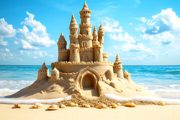 Wall Mural - Sand castle on the beach on the sea and sky background. 3d illustration