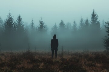 A person stands in a foggy forest, looking out into the distance