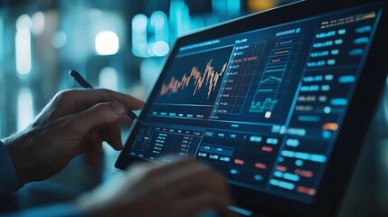 Aufkleber - Business finance and investment concept Businessman using digital tablet analyzing and calculating financial data with economic graph growth chart Business strategy and planning market : Generative AI