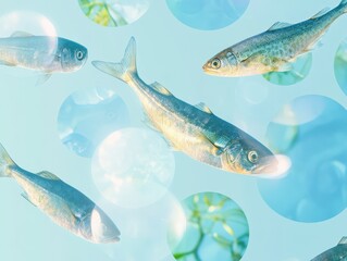 Wall Mural - Vibrant Underwater Scene with Multiple Fish Swimming in Clear Blue Water with Light Reflections