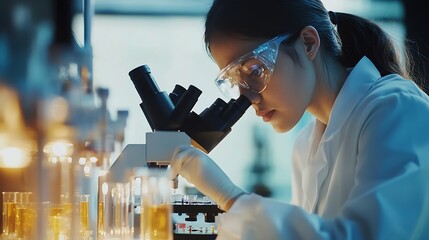 Fototapete - Scientist analyze biochemical samples in advanced scientific laboratory Medical professional use microscope look microbiological developmental of viral Biotechnology research in scienc : Generative AI